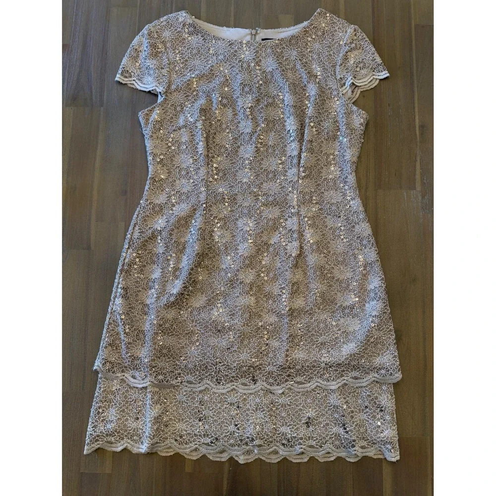 Alex‎ Evenings Petite Sequin Floral Lace Tiered Sheath Dress Taupe Beige 14P